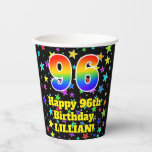 [ Thumbnail: 96th Birthday: Fun Stars Pattern and Rainbow 96 Paper Cups ]