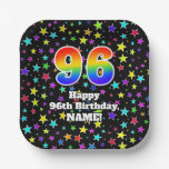 [ Thumbnail: 96th Birthday: Fun Stars Pattern and Rainbow “96” Paper Plates ]