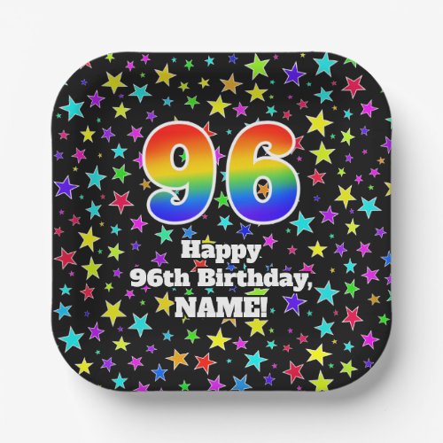 96th Birthday Fun Stars Pattern and Rainbow 96 Paper Plates