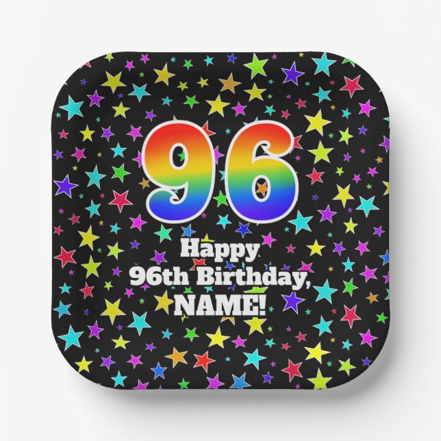 96th Birthday: Fun Stars Pattern and Rainbow “96” Paper Plates (Front)