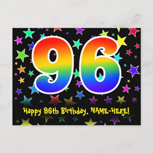 96th Birthday Fun Stars Pattern Rainbow 96 Name Postcard