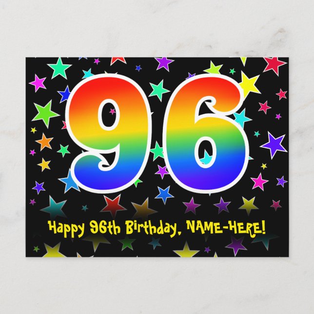 96th Birthday: Fun Stars Pattern, Rainbow 96, Name Postcard (Front)