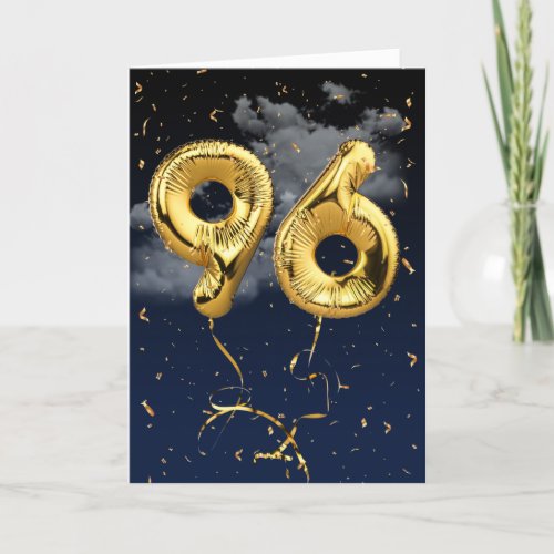 96th Birthday Gold Mylar Balloon and Confetti Card