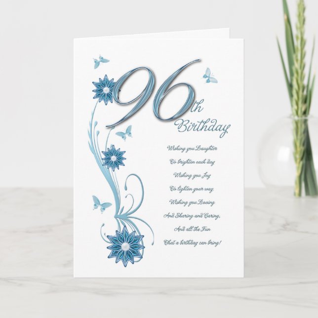 96th birthday in teal with flowers and butterfly card (Front)
