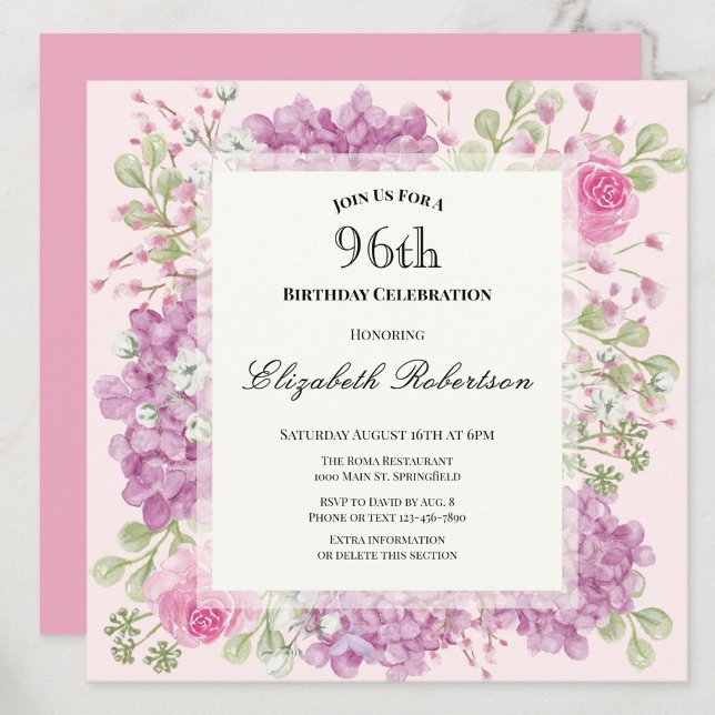 96th Birthday Invitation Elegant Pink Flowers (Creator Uploaded)