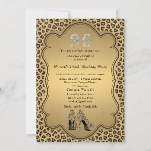 96th Birthday invitation numbers diamondsCheetah Invitation