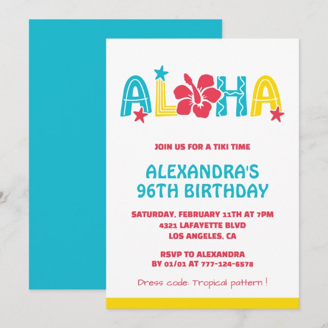 96th birthday invitations Tropical Aloha Hawaiian (Front/Back)