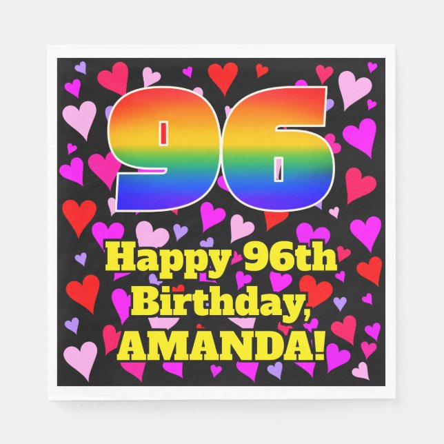 96th Birthday: Loving Hearts Pattern, Rainbow # 96 Napkins (Front)