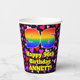 96th Birthday: Loving Hearts Pattern, Rainbow 96 Paper Cups
