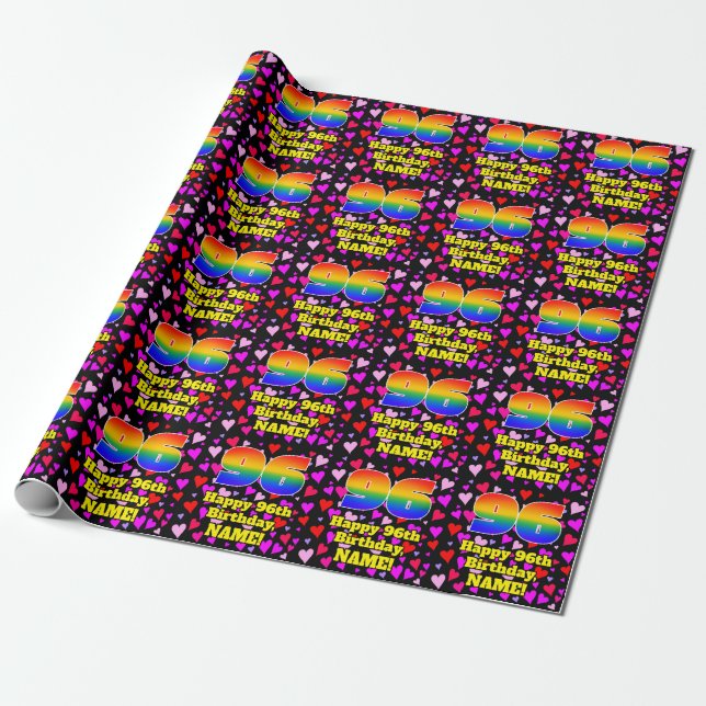 96th Birthday: Loving Hearts Pattern, Rainbow # 96 Wrapping Paper (Unrolled)