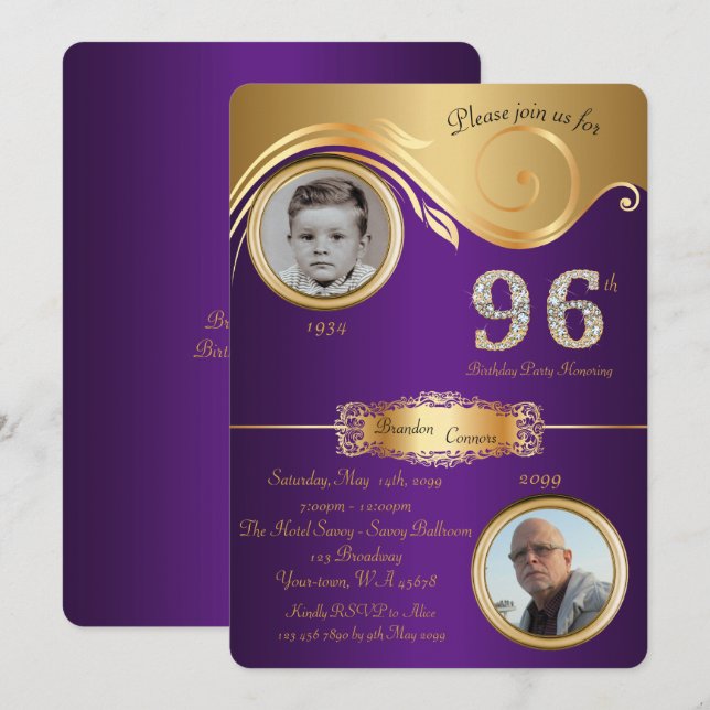 96th,Birthday Man 96th,elegant art deco,purple Invitation (Front/Back)