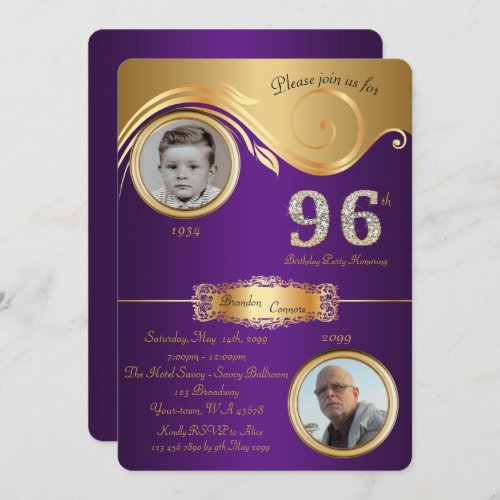 96thBirthday Man 96thelegant art decopurple Invitation