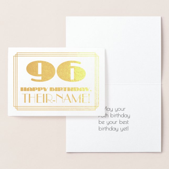 96th Birthday; Name + Art Deco Inspired Look "96" Foil Card (Display)