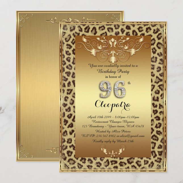 96th, Birthday Party 96th, Royal Cheetah gold plus Invitation (Front/Back)