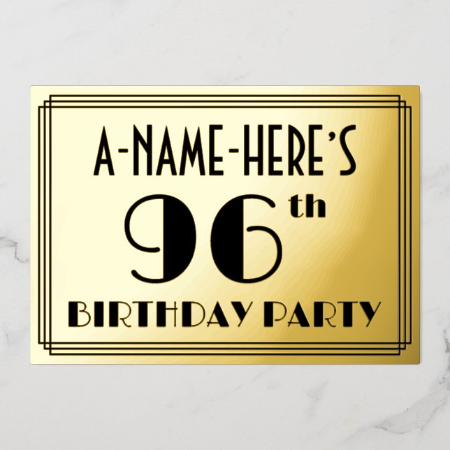 96th Birthday Party — Art Deco Look “96” + Name Foil Invitation (Front)