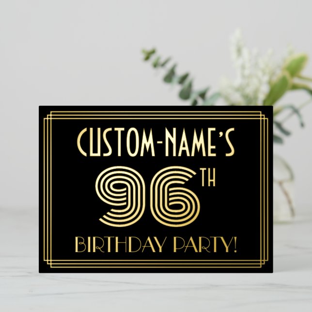 96th Birthday Party — Art Deco Style “96” + Name Foil Invitation (Standing Front)