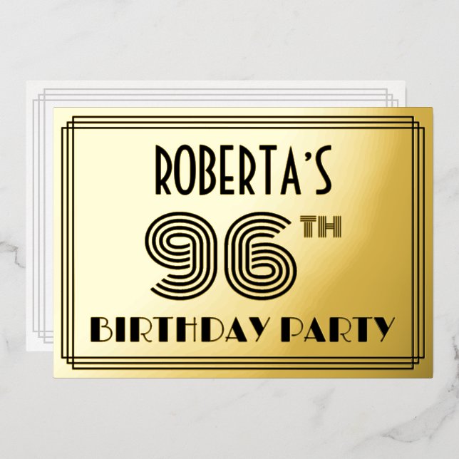 96th Birthday Party — Art Deco Style “96” & Name Foil Invitation (Front/Back)