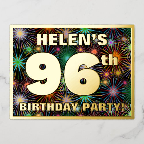 96th Birthday Party Bold Colorful Fireworks Look Foil Invitation Postcard