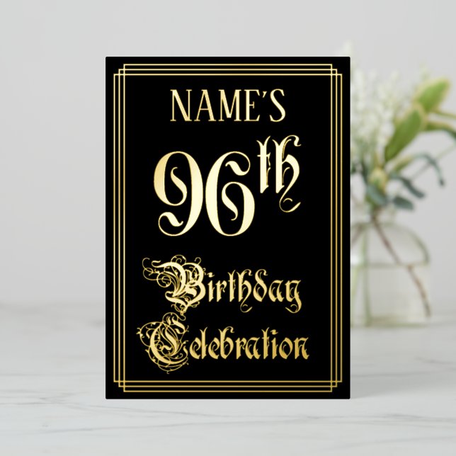 96th Birthday Party — Fancy Script & Custom Name Foil Invitation (Standing Front)