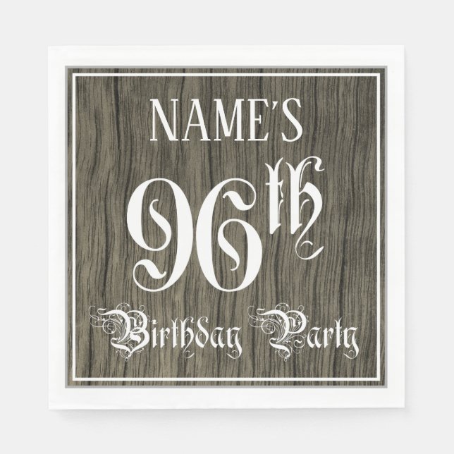 96th Birthday Party — Fancy Script, Faux Wood Look Napkins (Front)