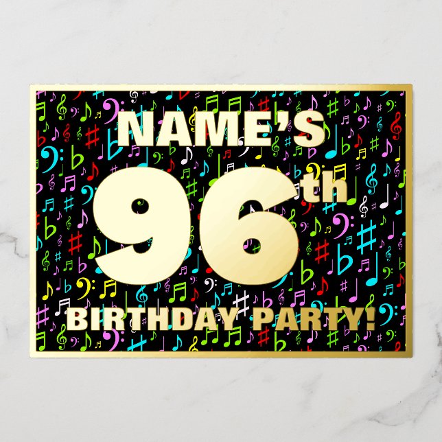 96th Birthday Party — Fun, Colorful Music Symbols Foil Invitation (Front)