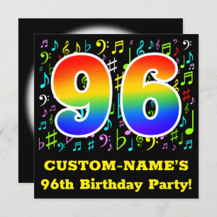 96th Birthday Party: Fun Music Symbols, Rainbow 96 Invitation