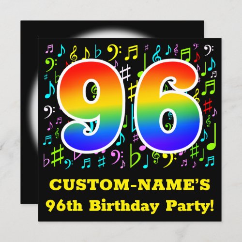 96th Birthday Party Fun Music Symbols Rainbow 96 Invitation