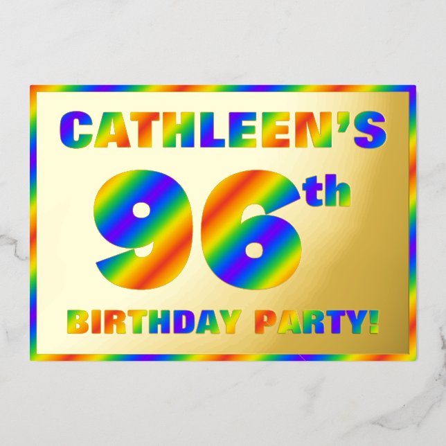 96th Birthday Party — Fun, Rainbow Spectrum “96” Foil Invitation (Front)