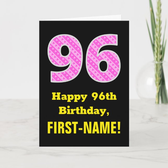 96th Birthday: Pink Stripes and Hearts "96" + Name Card (Front)