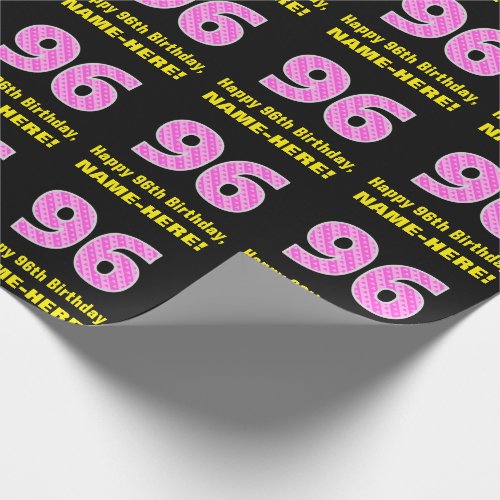 96th Birthday Pink Stripes and Hearts 96  Name Wrapping Paper