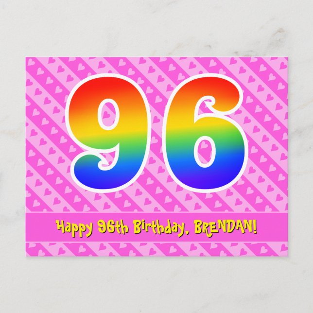 96th Birthday: Pink Stripes & Hearts, Rainbow 96 Postcard (Front)