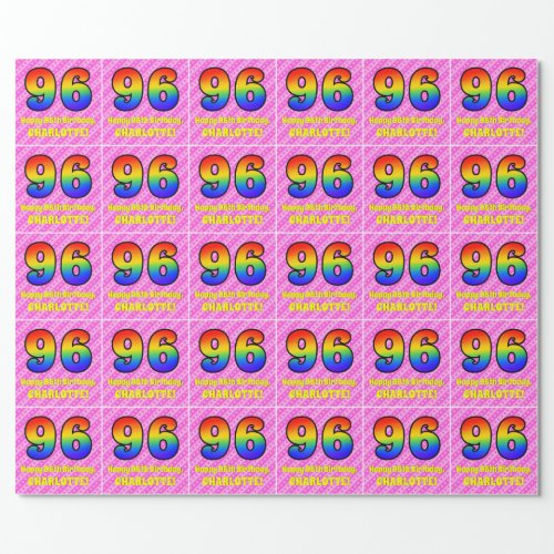 96th Birthday Pink Stripes  Hearts Rainbow  96 Wrapping Paper