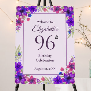 96th Birthday Purple Floral Welcome Sign
