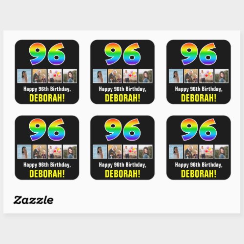 96th Birthday Rainbow 96 Custom Photos  Name Square Sticker