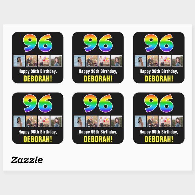 96th Birthday: Rainbow “96”; Custom Photos & Name Square Sticker (Sheet)