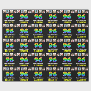 96th Birthday: Rainbow “96“; Custom Photos & Name Wrapping Paper