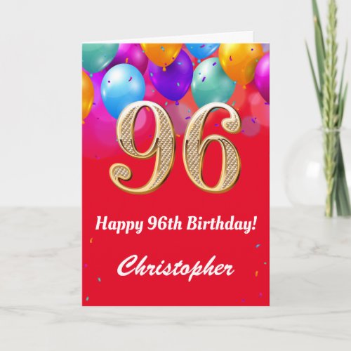 96th Birthday Red and Gold Colorful Balloons Card