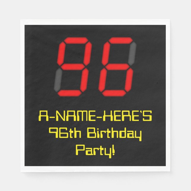 96th Birthday: Red Digital Clock Style "96" + Name Napkins (Front)