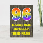[ Thumbnail: 96th Birthday: Rustic Faux Wood Look, Rainbow "96" Card ]