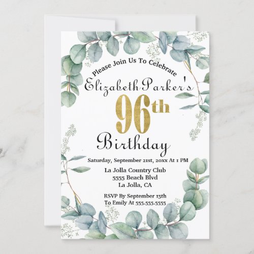 96th Birthday Watercolor Eucalyptus Gold Faux Foil Invitation