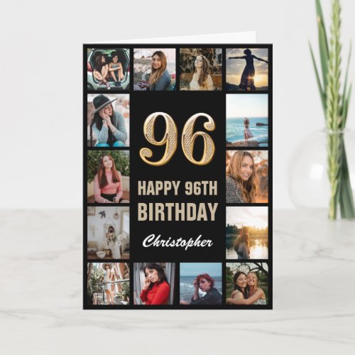 96th Happy Birthday Black and Gold Photo Collage Card