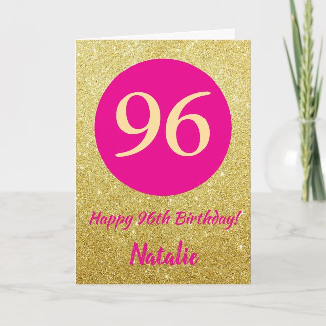 96th Happy Birthday Hot Pink and Gold Glitter Card (Front)