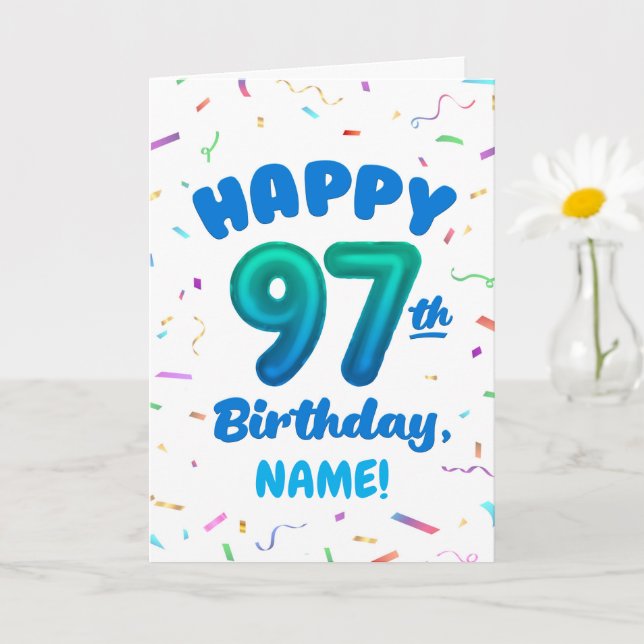 97th Balloon Number Custom Name Birthday Card (Small Plant)