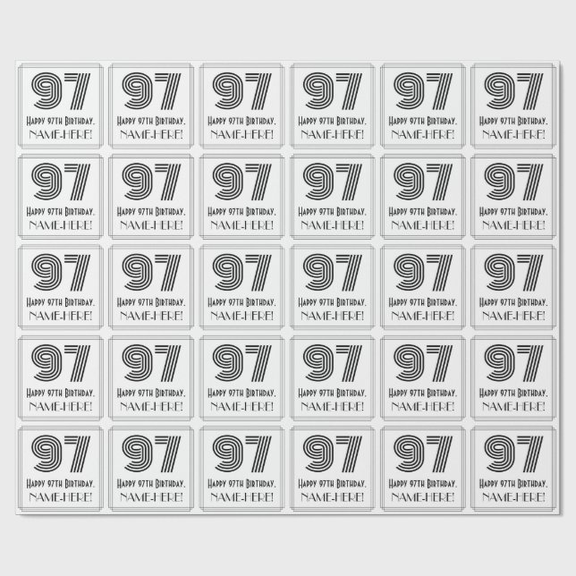 97th Birthday: Art Deco Inspired Style "97" + Name Wrapping Paper (Flat)