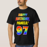 [ Thumbnail: 97th Birthday — Bold, Fun, Rainbow 97, Custom Name T-Shirt ]