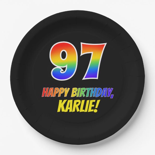 97th Birthday: Bold, Fun, Simple, Rainbow 97 Paper Plates (Front)