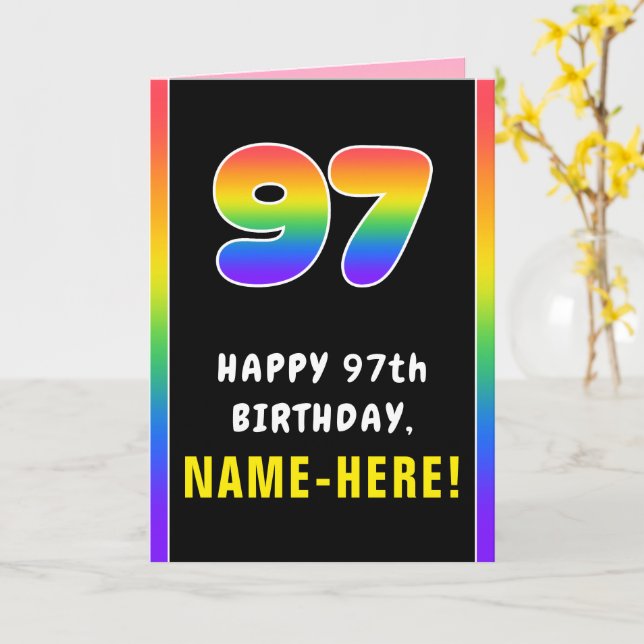 97th Birthday: Colorful Rainbow # 97, Custom Name Card (Yellow Flower)