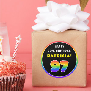 97th Birthday: Colorful Rainbow # 97, Custom Name Classic Round Sticker