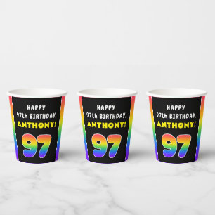 97th Birthday: Colorful Rainbow # 97, Custom Name Paper Cups