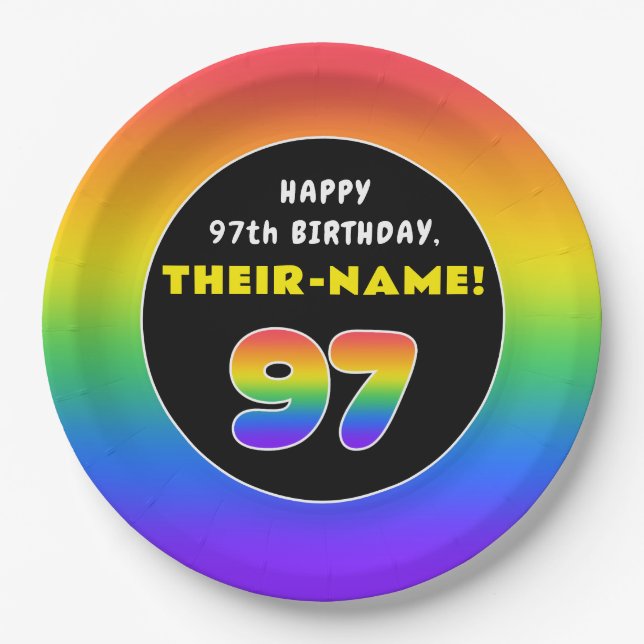 97th Birthday: Colorful Rainbow # 97, Custom Name Paper Plates (Front)